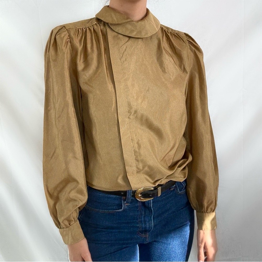 Vintage 60s olive green taupe long sleeve pinstripe blouse medium large office